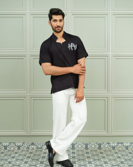 Nawaabi Noir - Open Collar Shirt with Motif