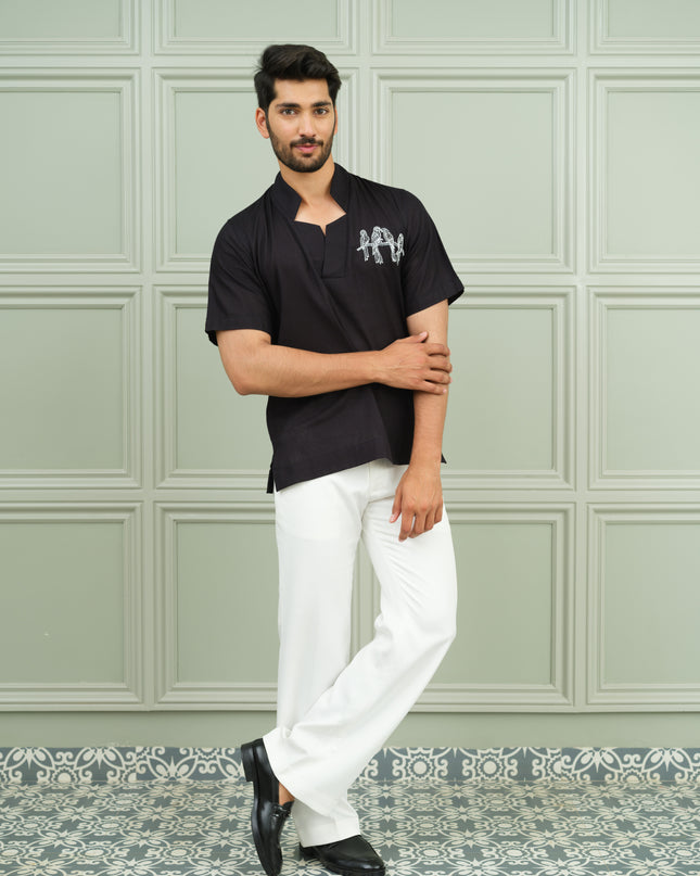 Nawaabi Noir - Open Collar Shirt with Motif