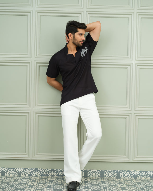 Nawaabi Noir - Open Collar Shirt with Motif