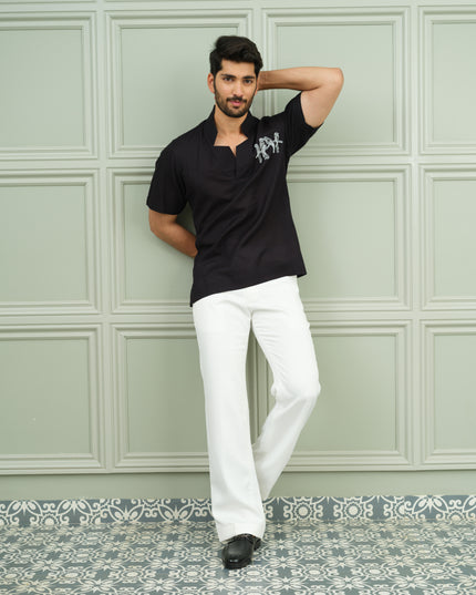 Nawaabi Noir - Open Collar Shirt with Motif