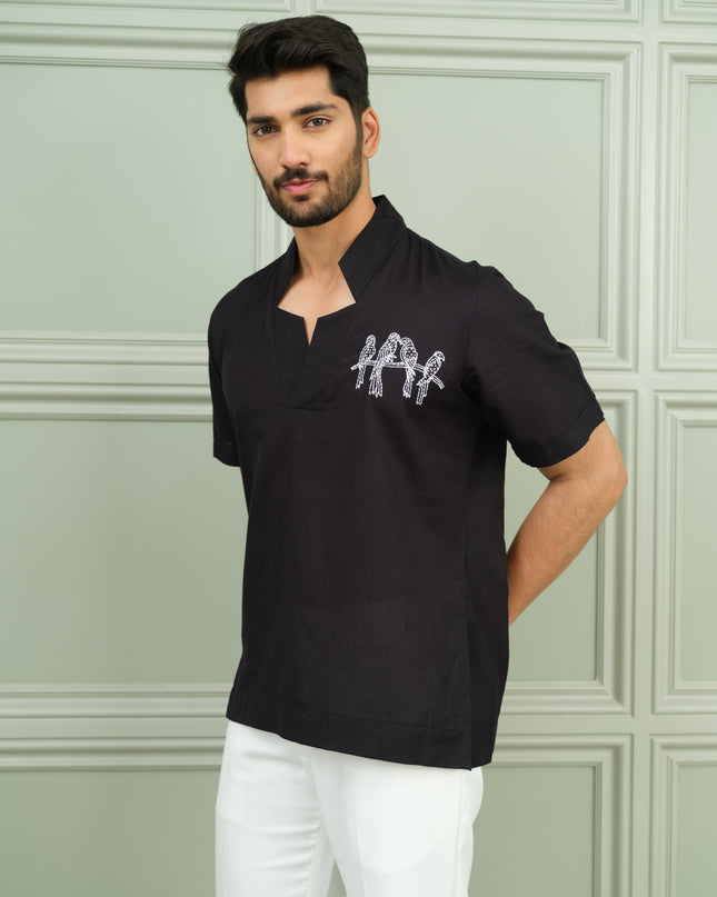 Nawaabi Noir - Open Collar Shirt with Motif