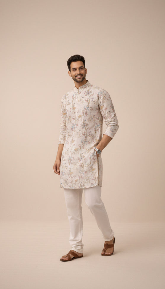 Desi Safari - Botanical Print Kurta for Men | Khadi Linen | Khadidhaga