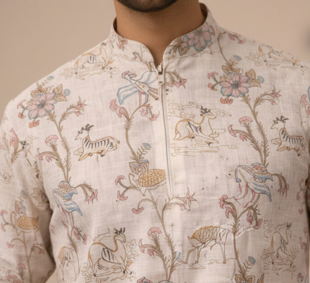 Desi Safari - Botanical Print Kurta for Men | Khadi Linen | Khadidhaga