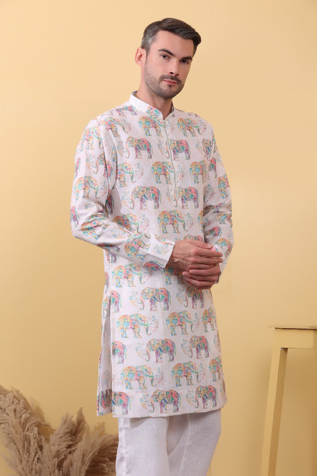 Urbangaj elephant motif print close up - handcrafted Indian kurta khadi linen fabric Khadidhaga