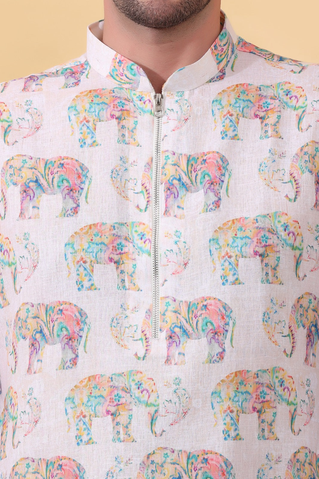 Urbangaj elephant print kurta for men back view - white khadi linen ethnic wear India