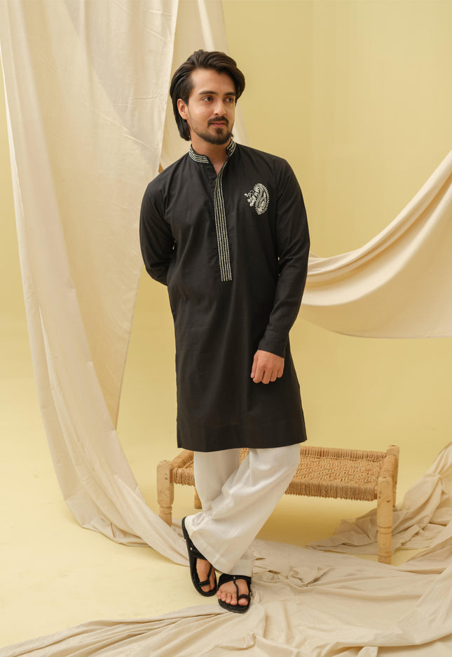Rajwada Grace Kurta with Motif (Black)