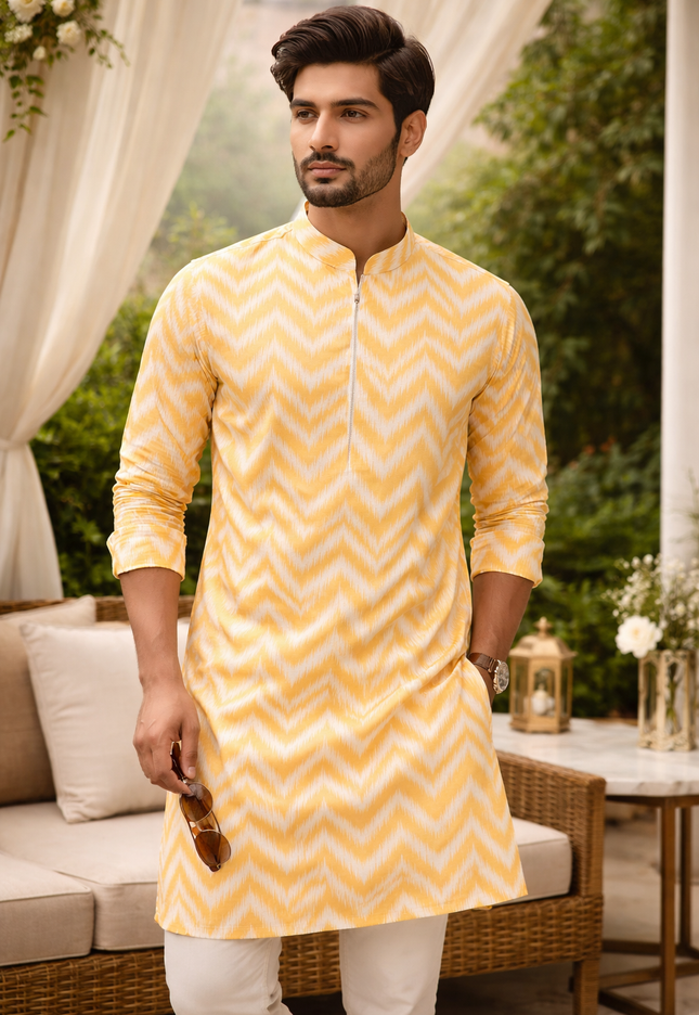 Lehar - Chevron Ikat Print Khadi-Linen Kurta for Men | Khadidhaga