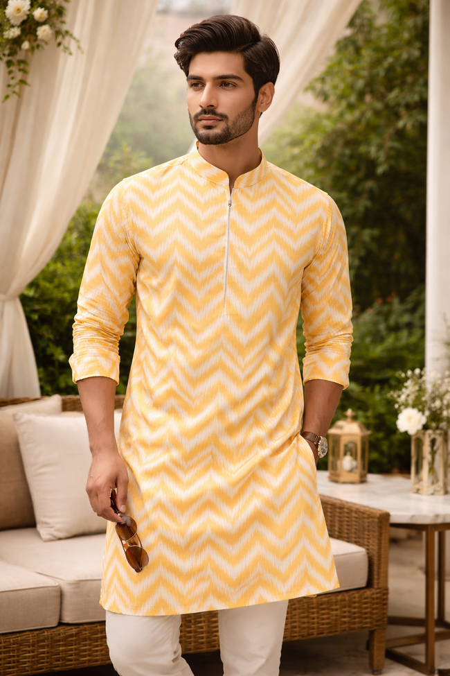 Lehar — Chevron Ikat Print Men's Kurta | Khadi Linen | Buy Ethnic Kurta Online India