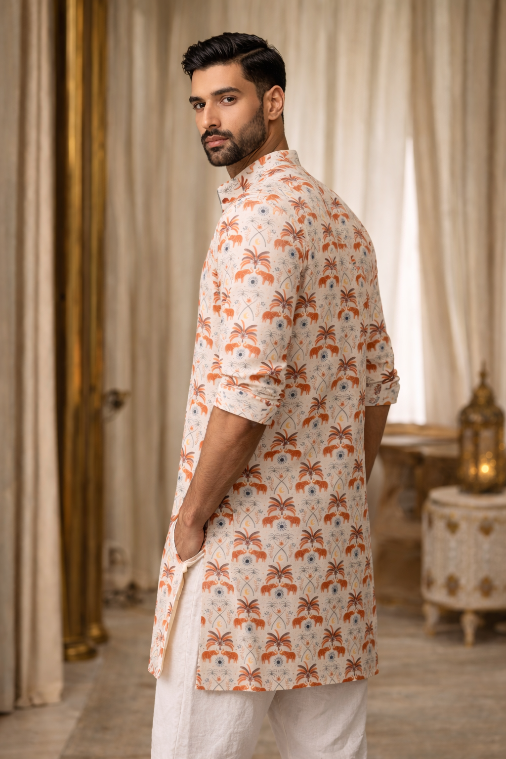 Ivory Caravan - Premium Linen Blend Safari Print Kurta for Men