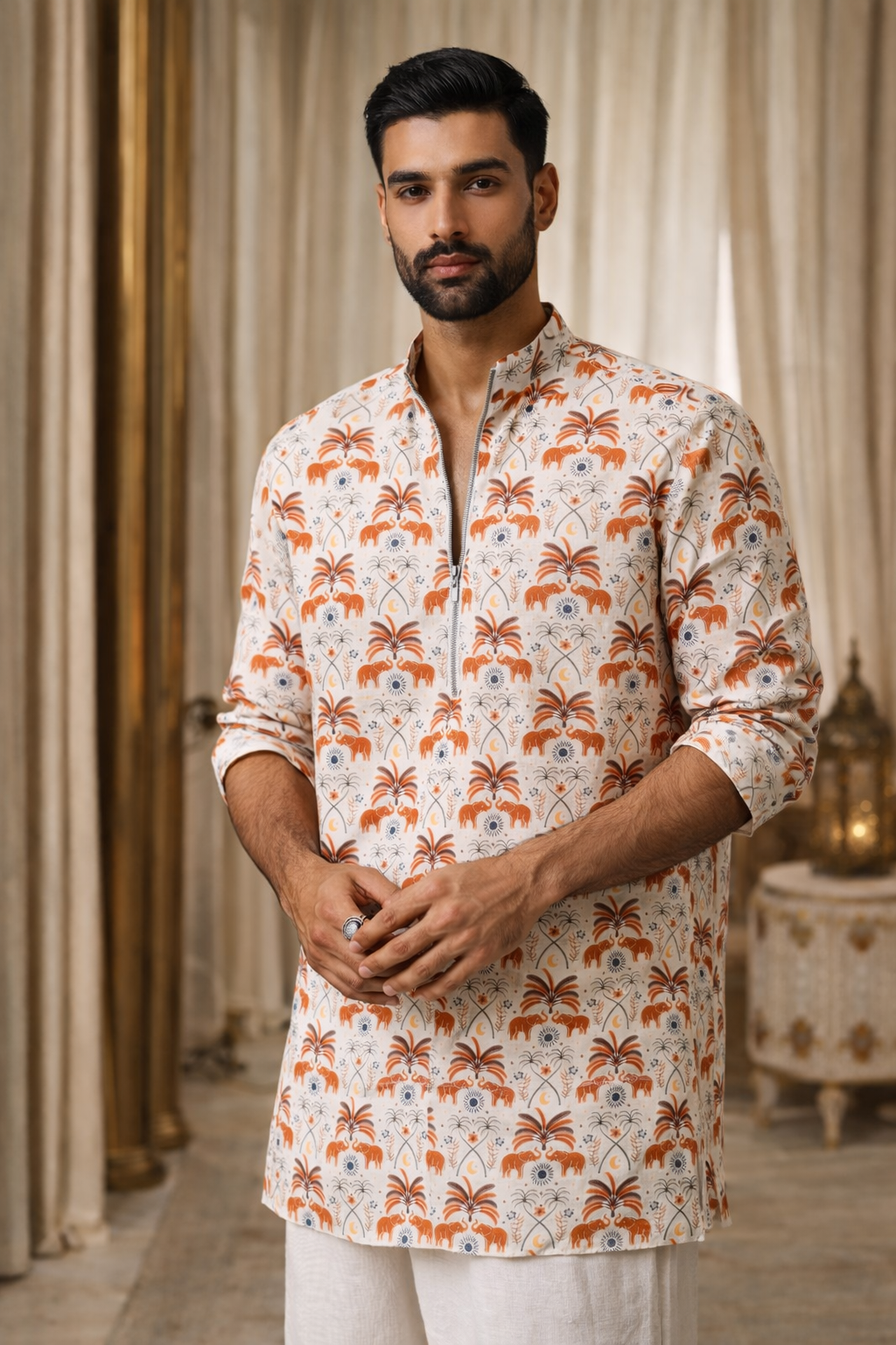 Ivory Caravan - Premium Linen Blend Safari Print Kurta for Men