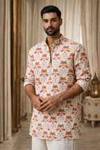 Ivory Caravan - Premium Linen Blend Safari Print Kurta for Men