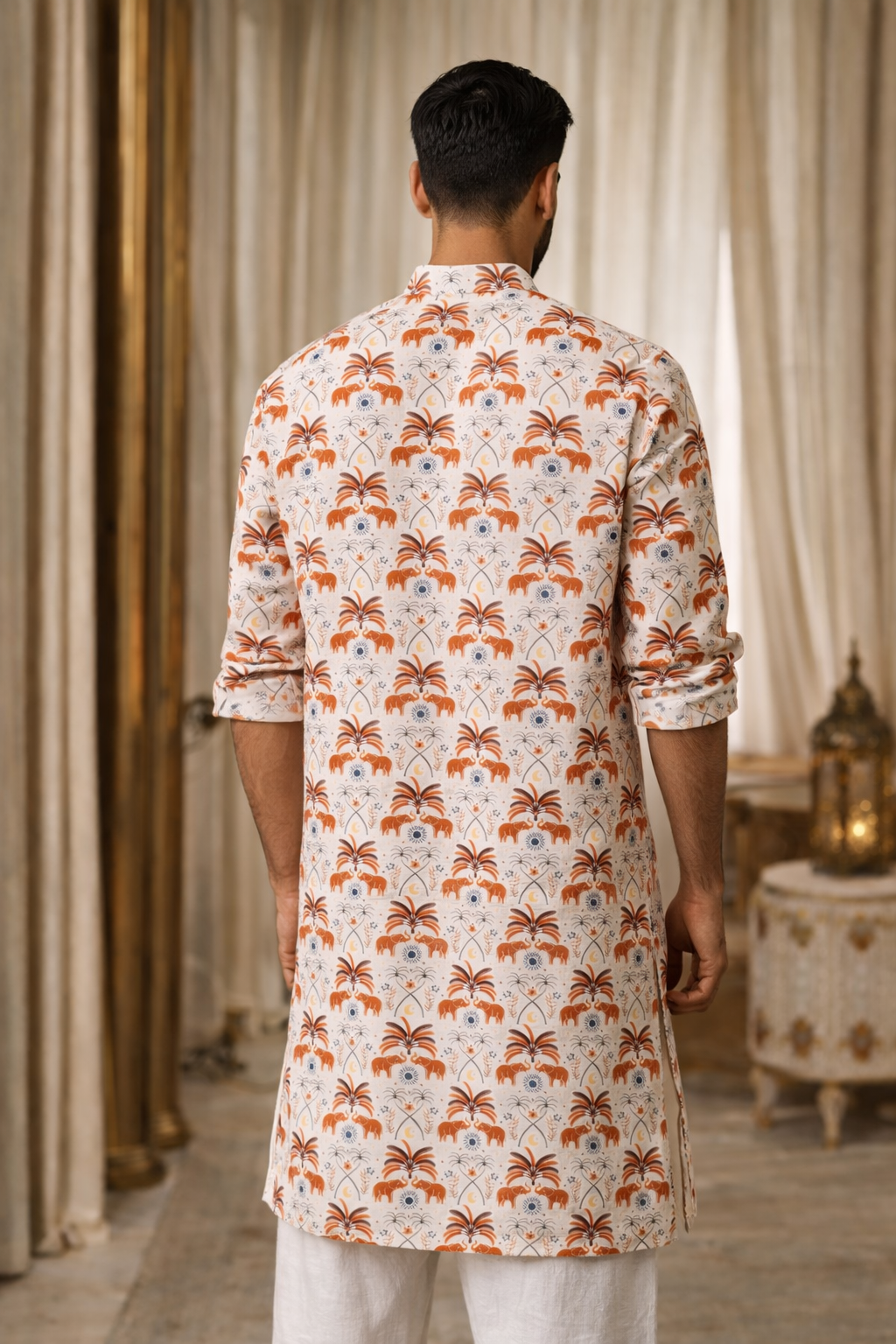 Ivory Caravan - Premium Linen Blend Safari Print Kurta for Men