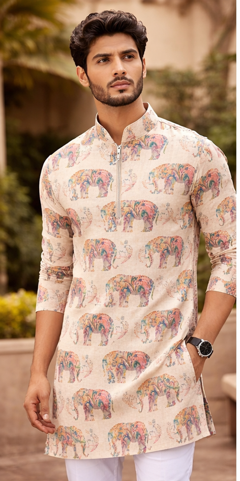 Gajrang — Men's Elephant Motif Printed Kurta | Khadi Linen Ethnic Wear | Khadidhaga