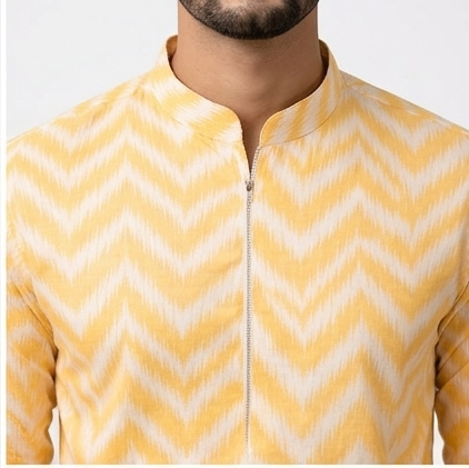 Lehar - Chevron Ikat Print Khadi-Linen Kurta for Men | Khadidhaga