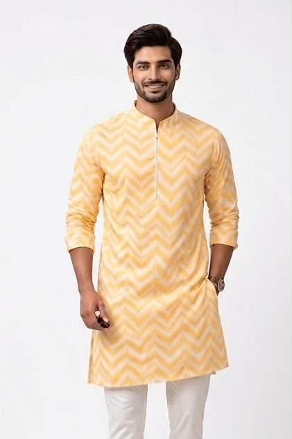 Lehar - Chevron Ikat Print Khadi-Linen Kurta for Men | Khadidhaga