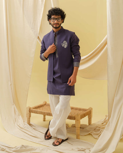 Desi Majesty - 3 Piece Kurta Set (Navy Blue)