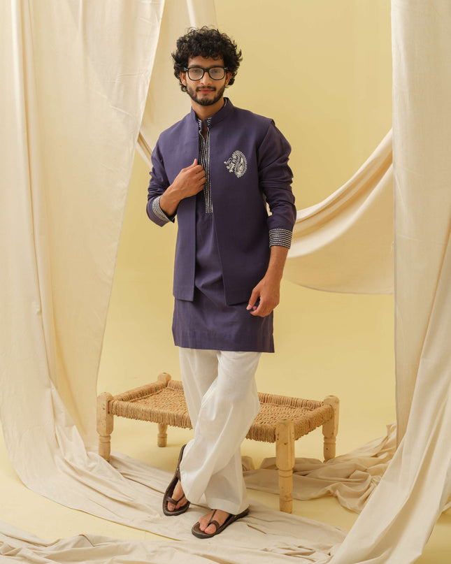 Desi Majesty - 3 Piece Kurta Set (Navy Blue)